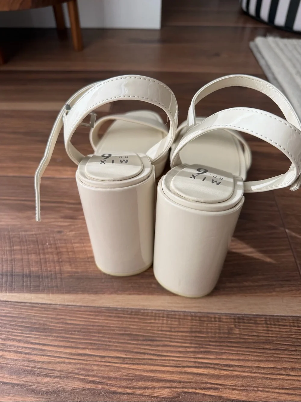 Mix No. 6 Cream Patent Block Heel Sandals with Ankle Strap